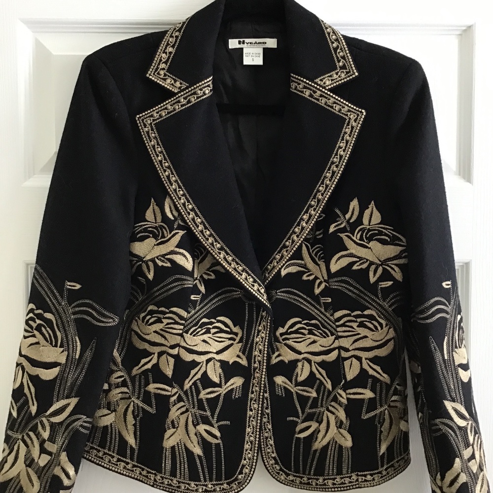 Black blazer with gold colour floral embroidery size S